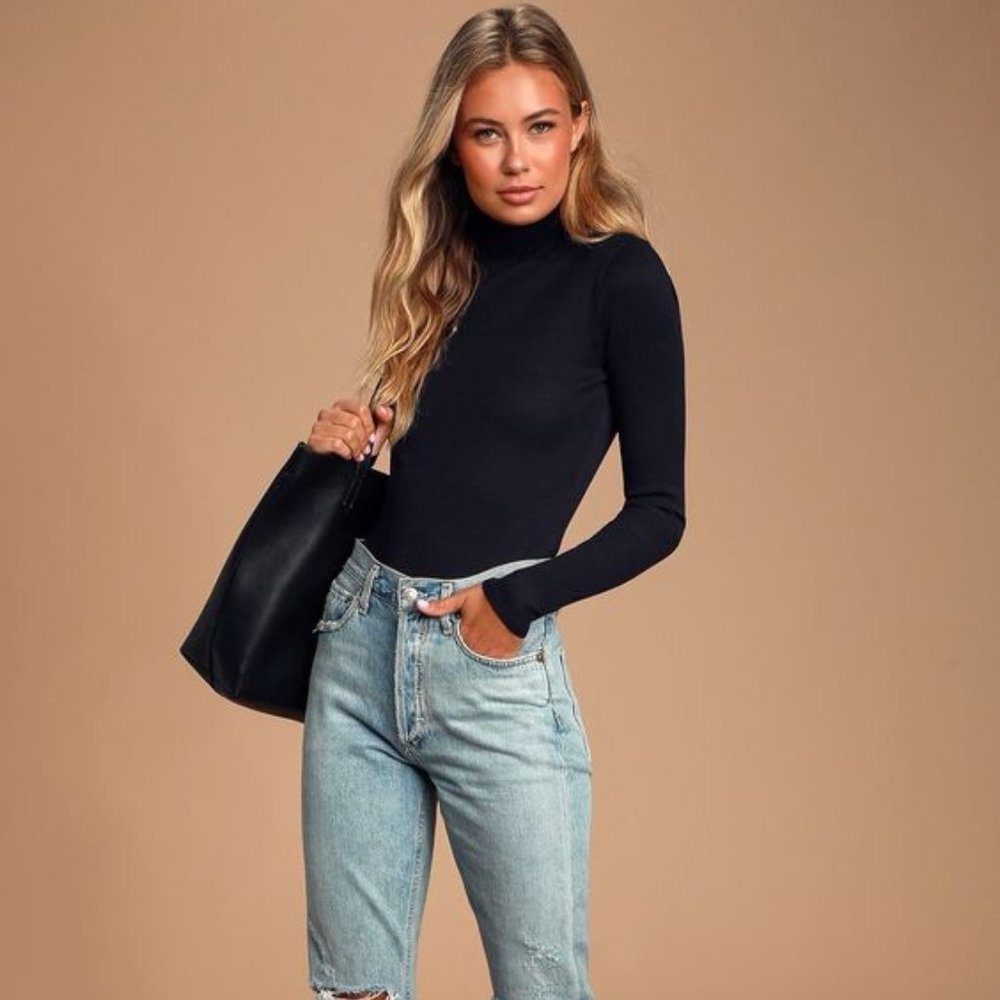 Wilde Black Ribbed Long Sleeve Mock Neck Bodysuit